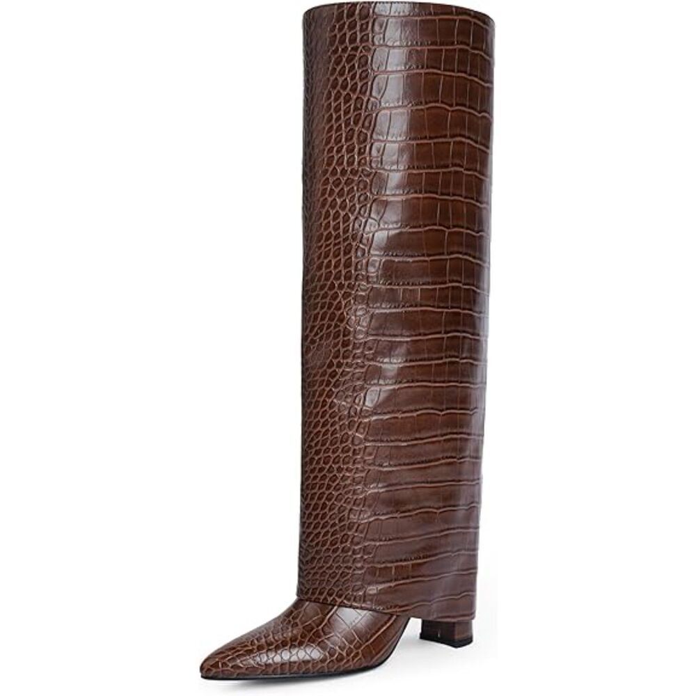 Women's Crocodile Brown Pointed Toe Side Zipper Chunky Heels Knee High Boots